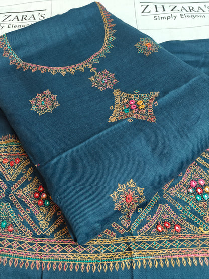 Greyish Blue Needle Mirror Embroidery Pashmina 3pc