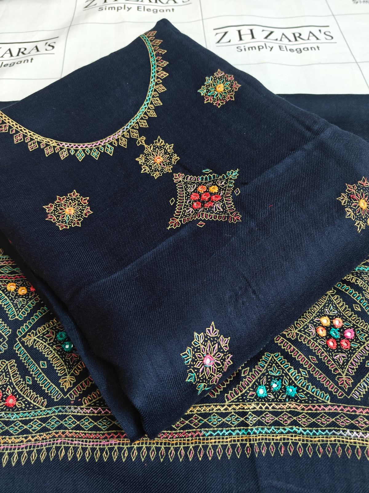 Navy Blue Needle Mirror Embroidery Pashmina 3pc