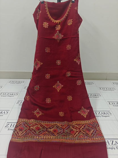 Maroon Needle Mirror Embroidery Pashmina 3pc