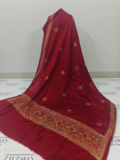 Maroon Needle Mirror Embroidery Pashmina 3pc