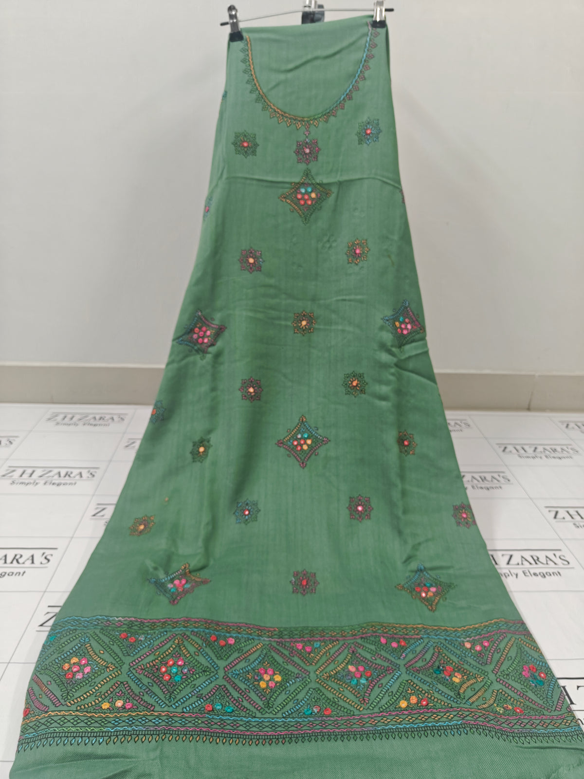 Olive Green Needle Mirror Embroidery Pashmina 3pc