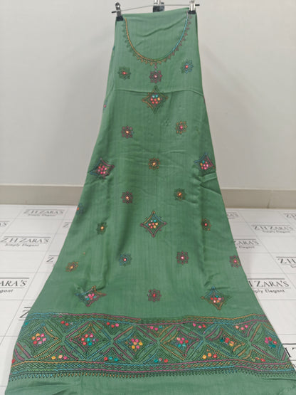 Olive Green Needle Mirror Embroidery Pashmina 3pc