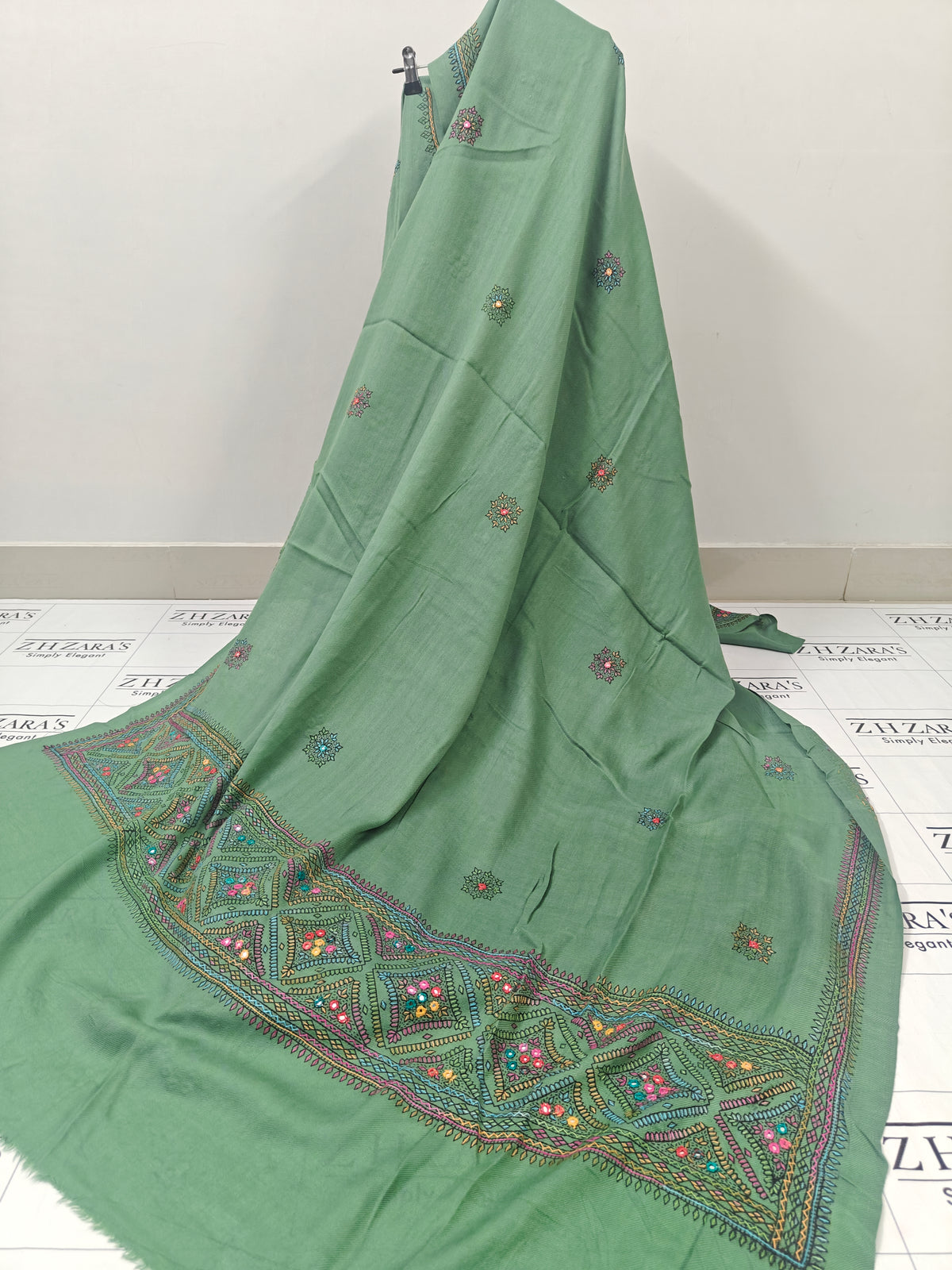 Olive Green Needle Mirror Embroidery Pashmina 3pc