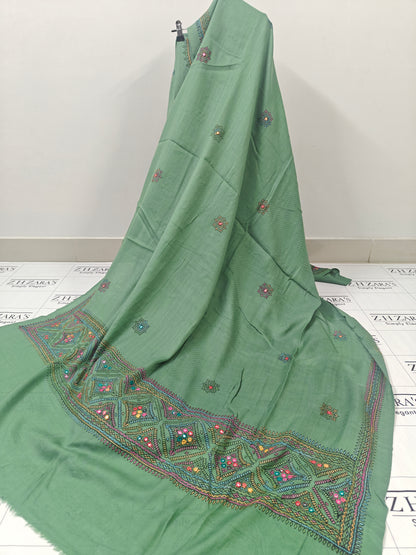 Olive Green Needle Mirror Embroidery Pashmina 3pc