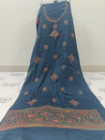 Greyish Blue Needle Mirror Embroidery Pashmina 3pc