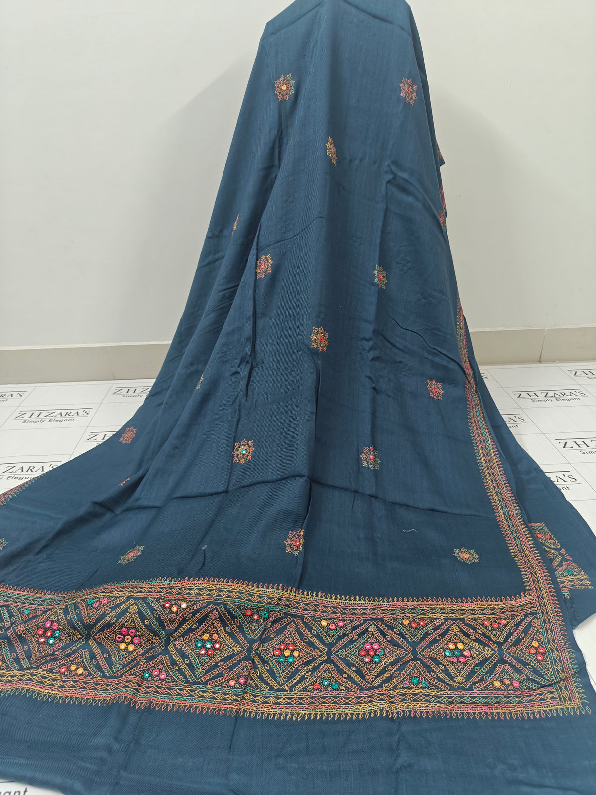 Greyish Blue Needle Mirror Embroidery Pashmina 3pc