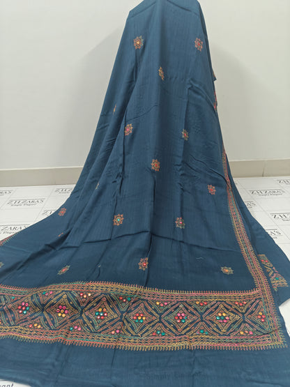 Greyish Blue Needle Mirror Embroidery Pashmina 3pc