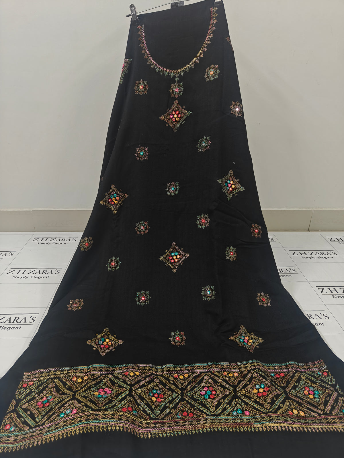 Navy Blue Needle Mirror Embroidery Pashmina 3pc