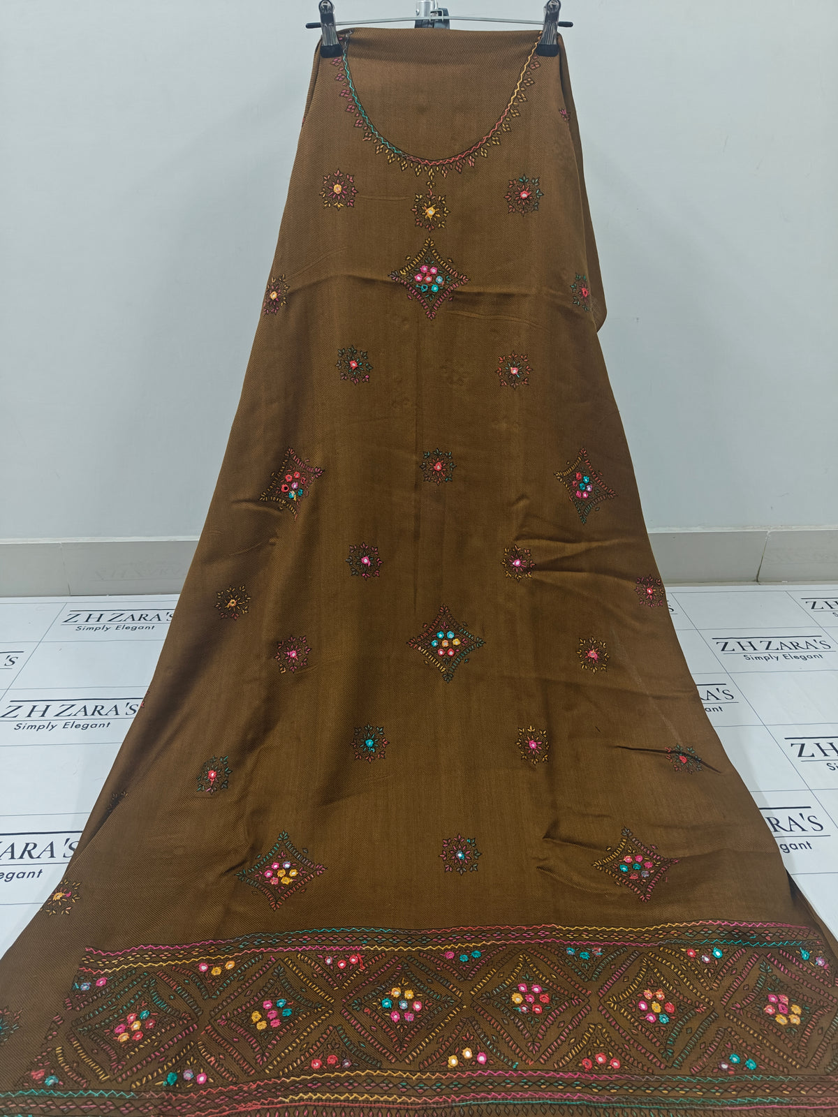 Hazel Brown Needle Mirror Embroidery Pashmina 3pc