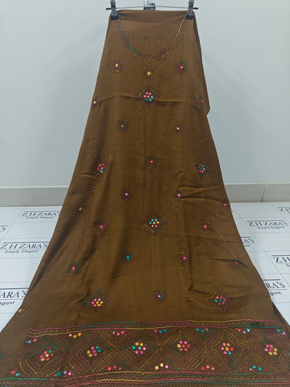 Hazel Brown Needle Mirror Embroidery Pashmina 3pc