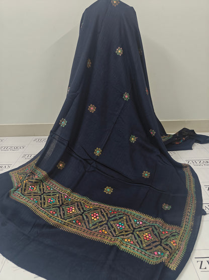 Navy Blue Needle Mirror Embroidery Pashmina 3pc