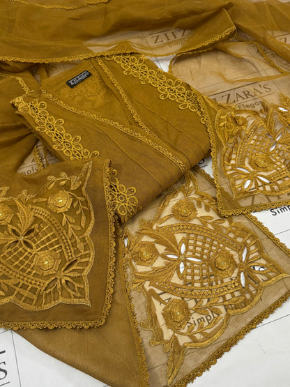 Mustard Duppata Cutwork 2pc