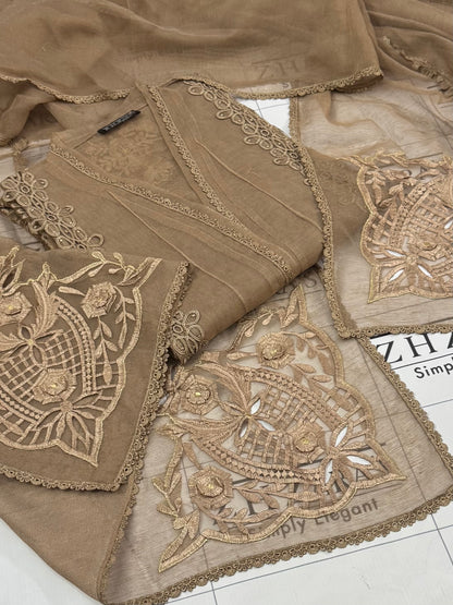 Coffee Duppata Cutwork 2pc