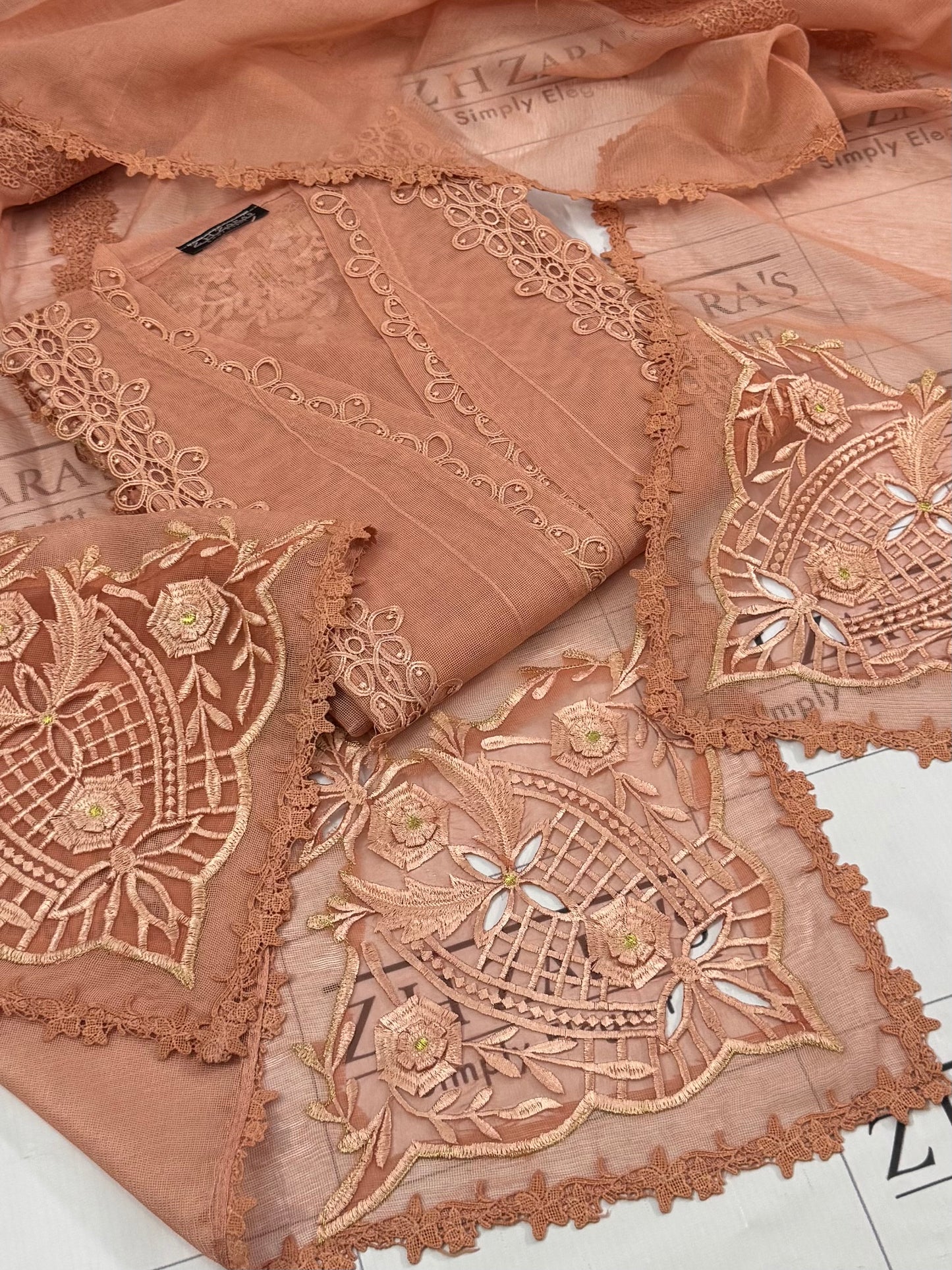 Peachy Pink Duppata Cutwork 2pc