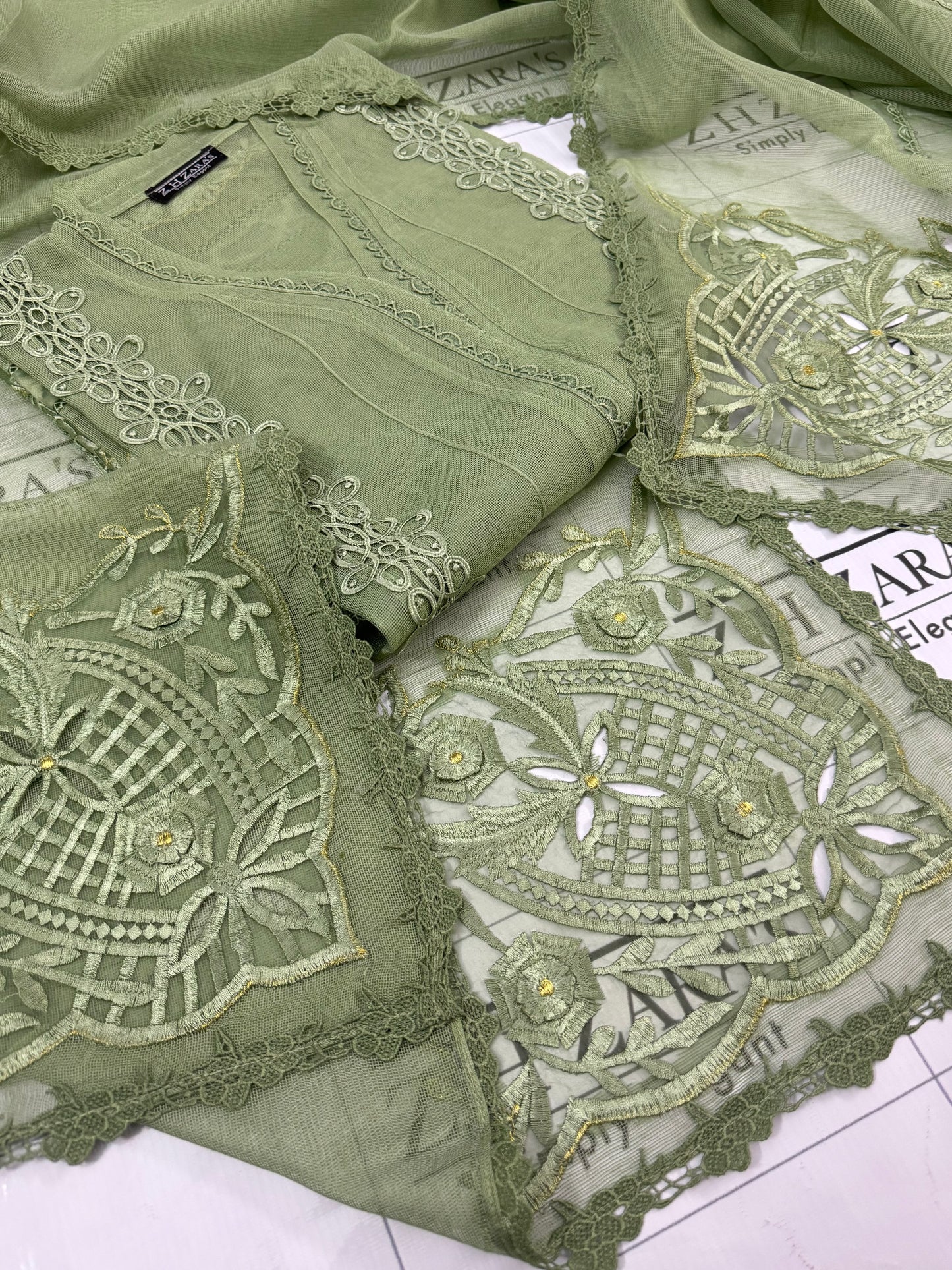 Olive Green Duppata Cutwork 2pc