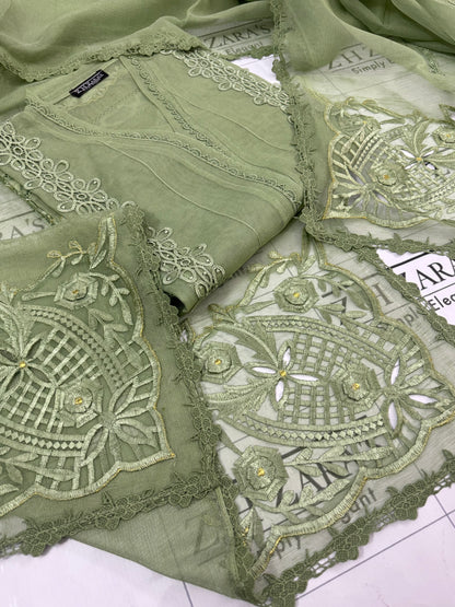 Olive Green Duppata Cutwork 2pc