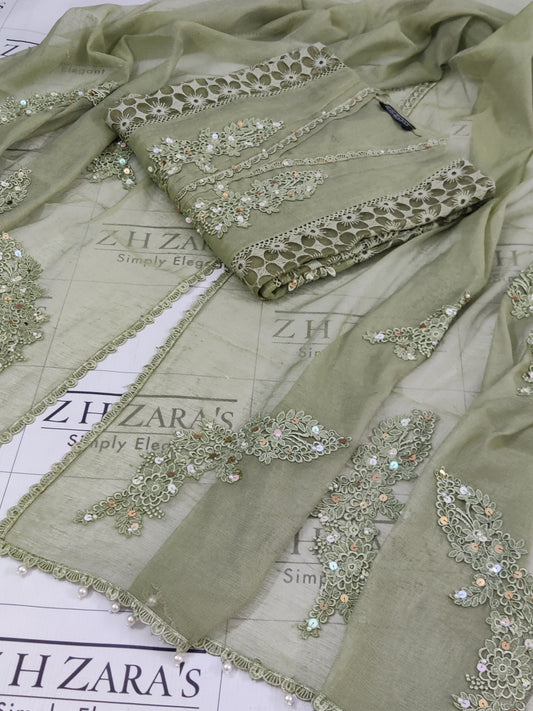 Olive Green V2 Cutwork Handwork 2pc
