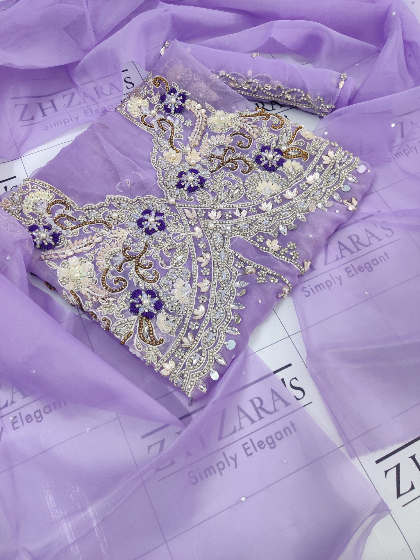 Lilac Front Open Gown Hand Embellished 2pc