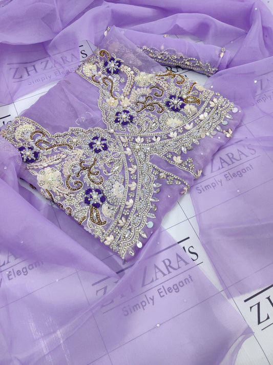 Lilac Front Open Gown Hand Embellished 2pc