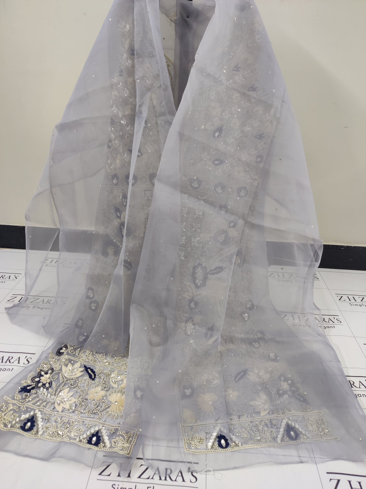 Grey Front Open Gown Hand Embellished 2pc