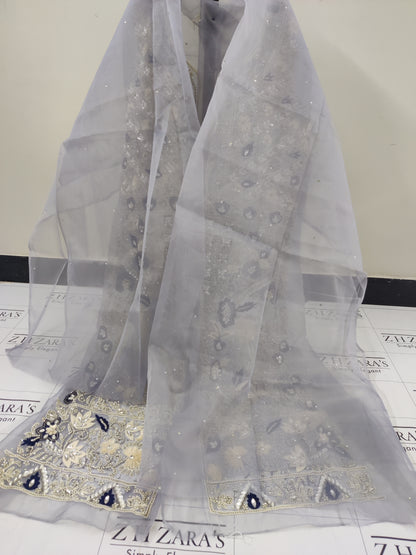 Grey Front Open Gown Hand Embellished 2pc