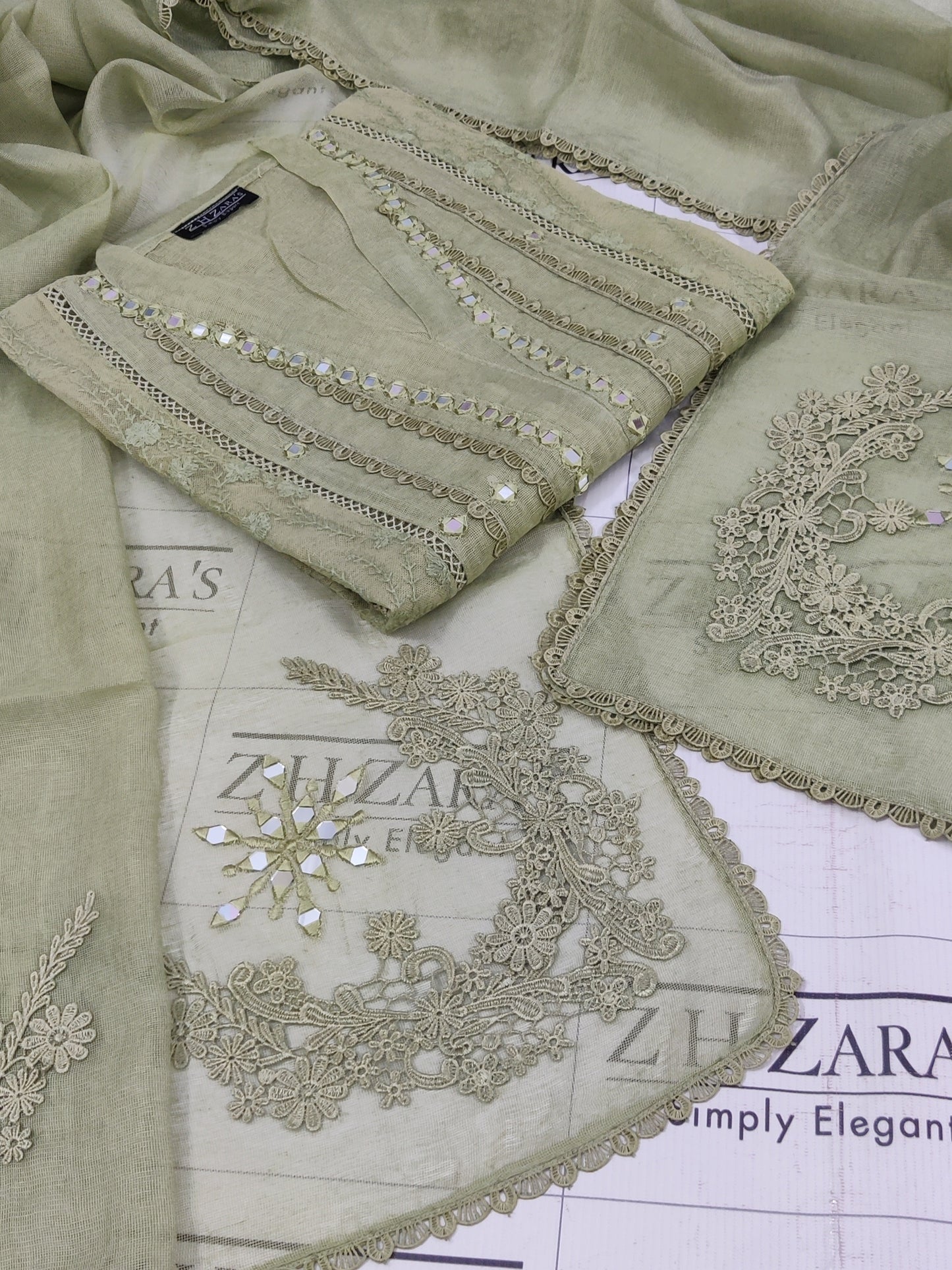 Olive Green Mirror Cutwork 2pc