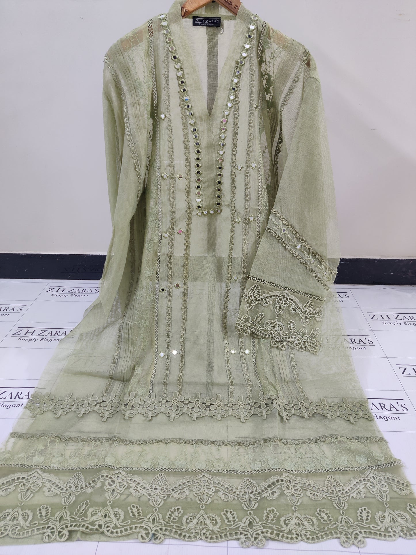 Olive Green Mirror Cutwork 2pc