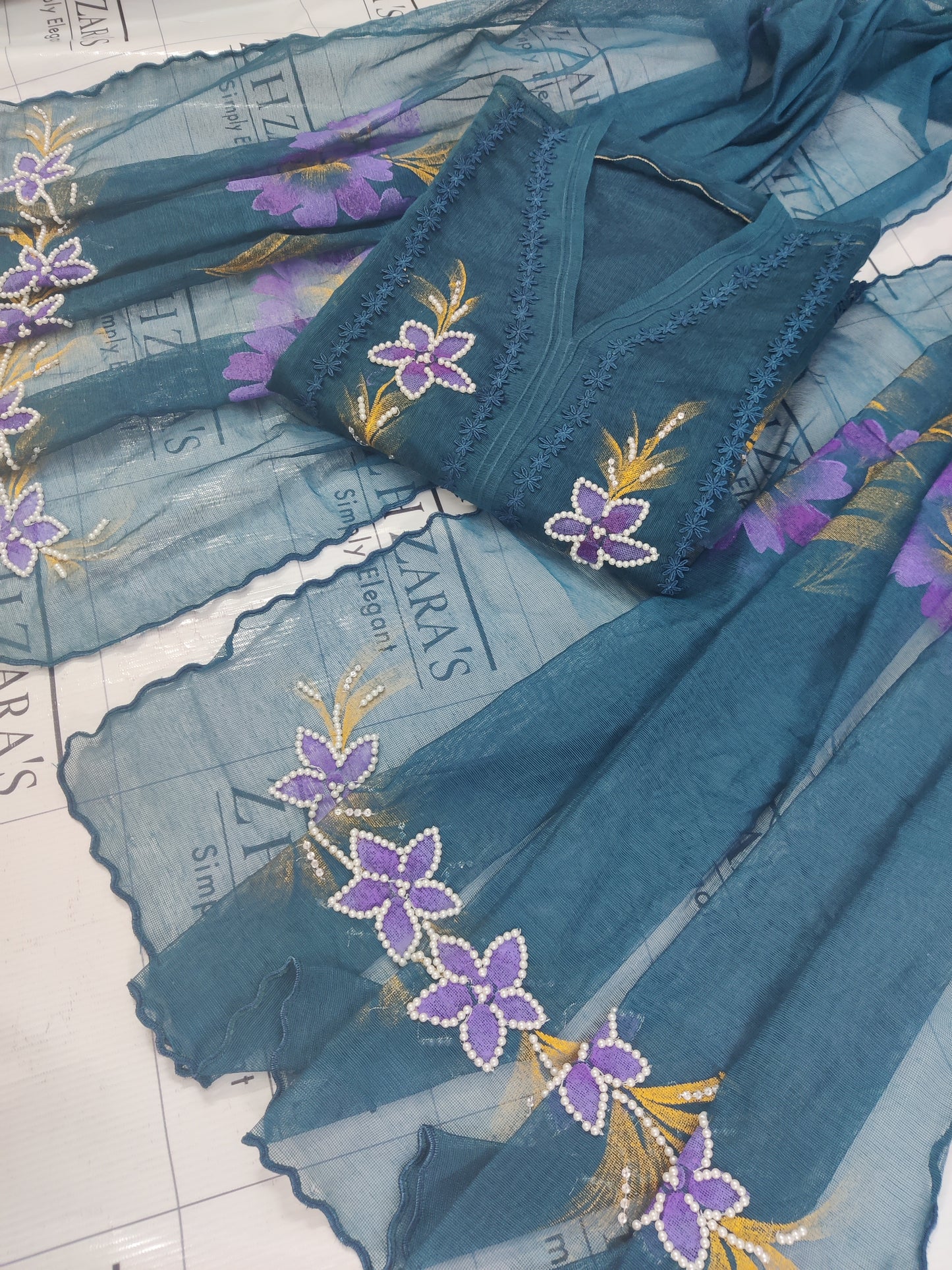 Peacock Blue Hand Embellished Hand Painted Cutwork 2pc