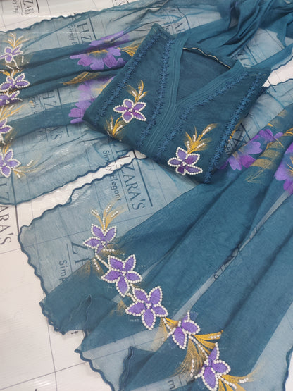 Peacock Blue Hand Embellished Hand Painted Cutwork 2pc