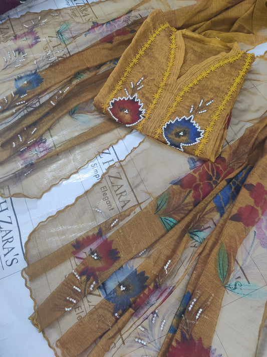 Mustard Hand Embellished Hand Painted Cutwork 2pc