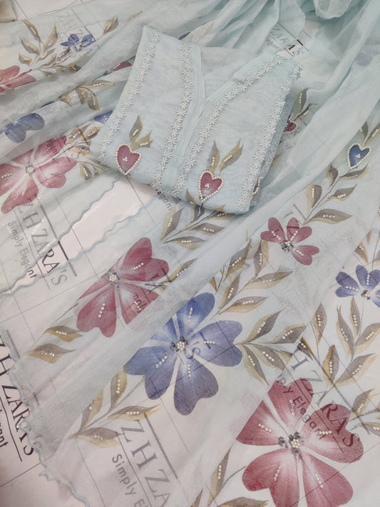Ice Blue Hand Embellished Hand Painted Cutwork 2pc