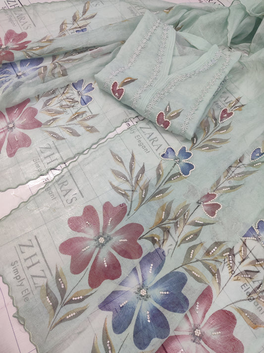Aqua Hand Embellished Hand Painted Cutwork 2pc