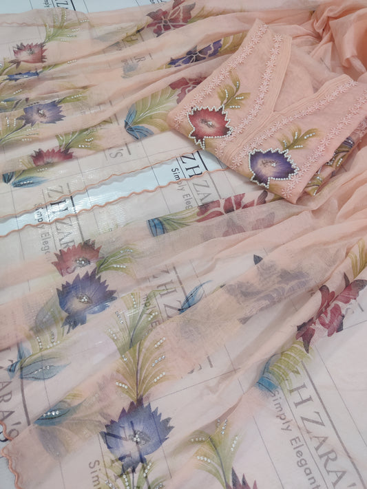 Peachy Pink Hand Embellished Hand Painted Cutwork 2pc