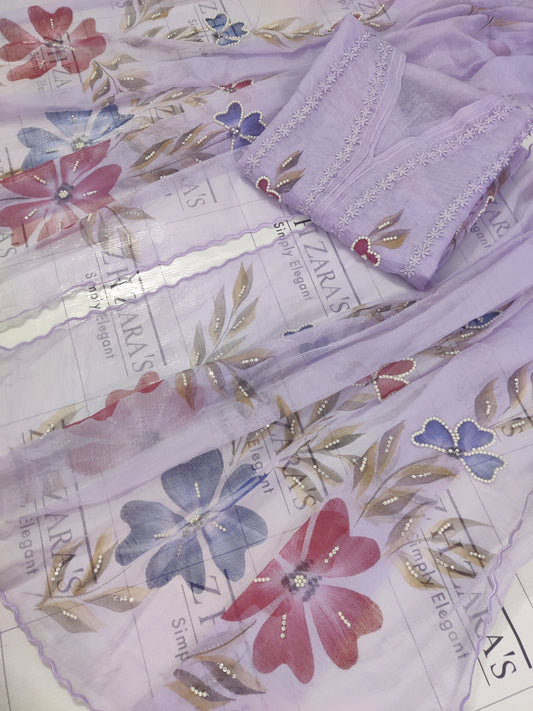 Lilac Hand Embellished Hand Painted Cutwork 2pc