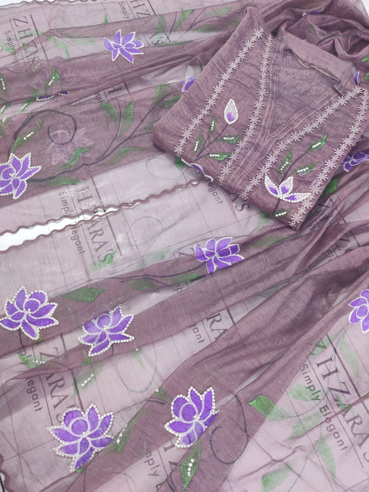 Purplish Tea Pink Hand Embellished Hand Painted Cutwork 2pc