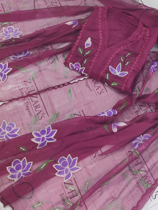 Magenta hotpink Hand Embellished Hand Painted Cutwork 2pc
