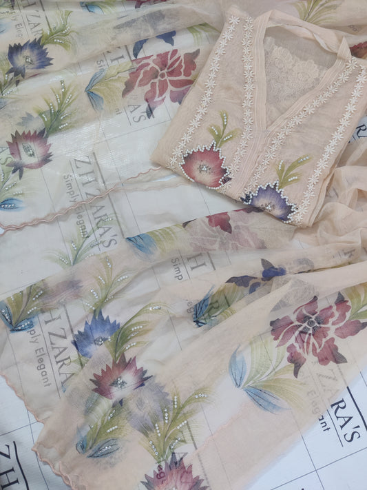 Peach Hand Embellished Hand Painted Cutwork 2pc