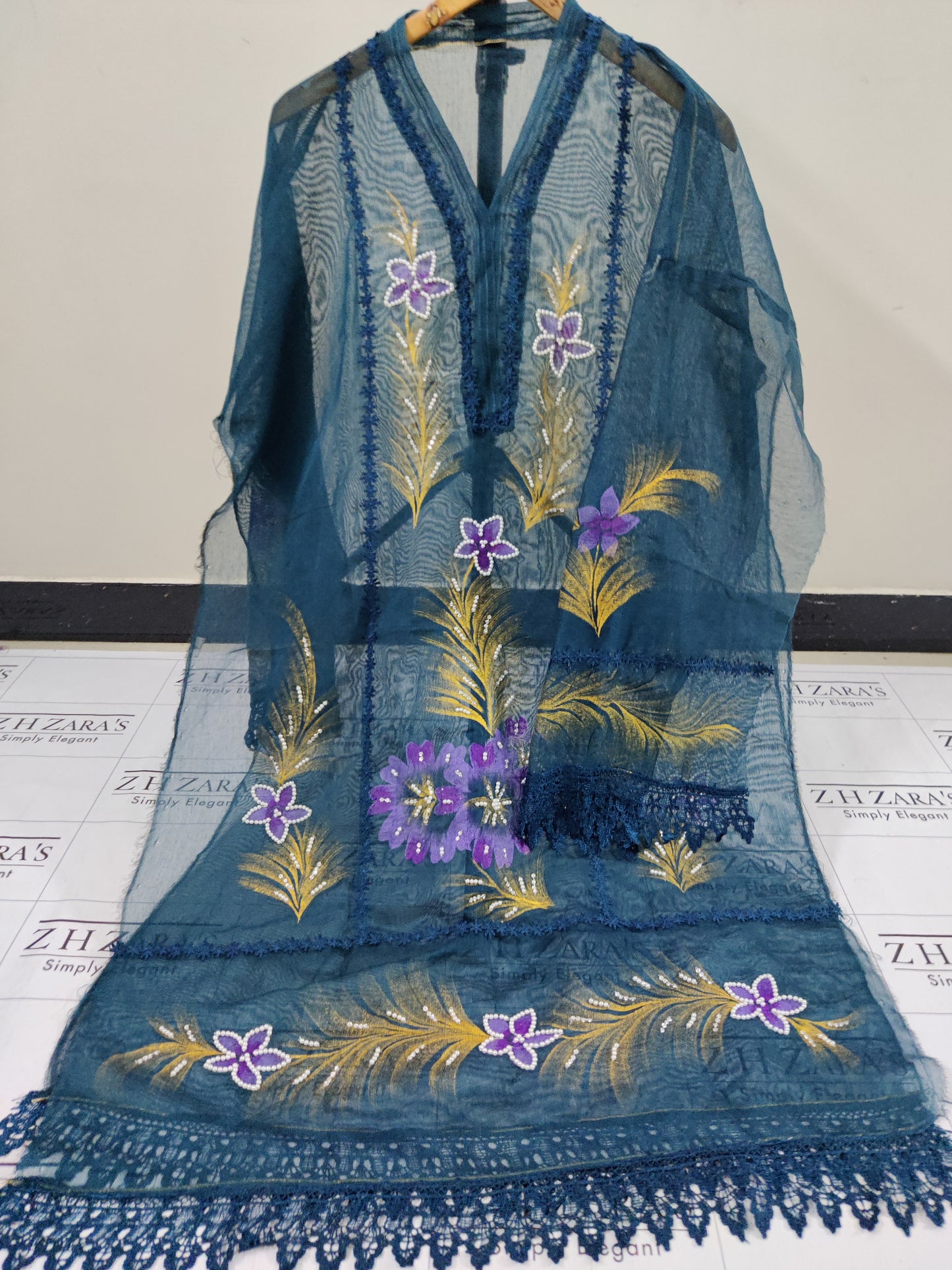 Peacock Blue Hand Embellished Hand Painted Cutwork 2pc