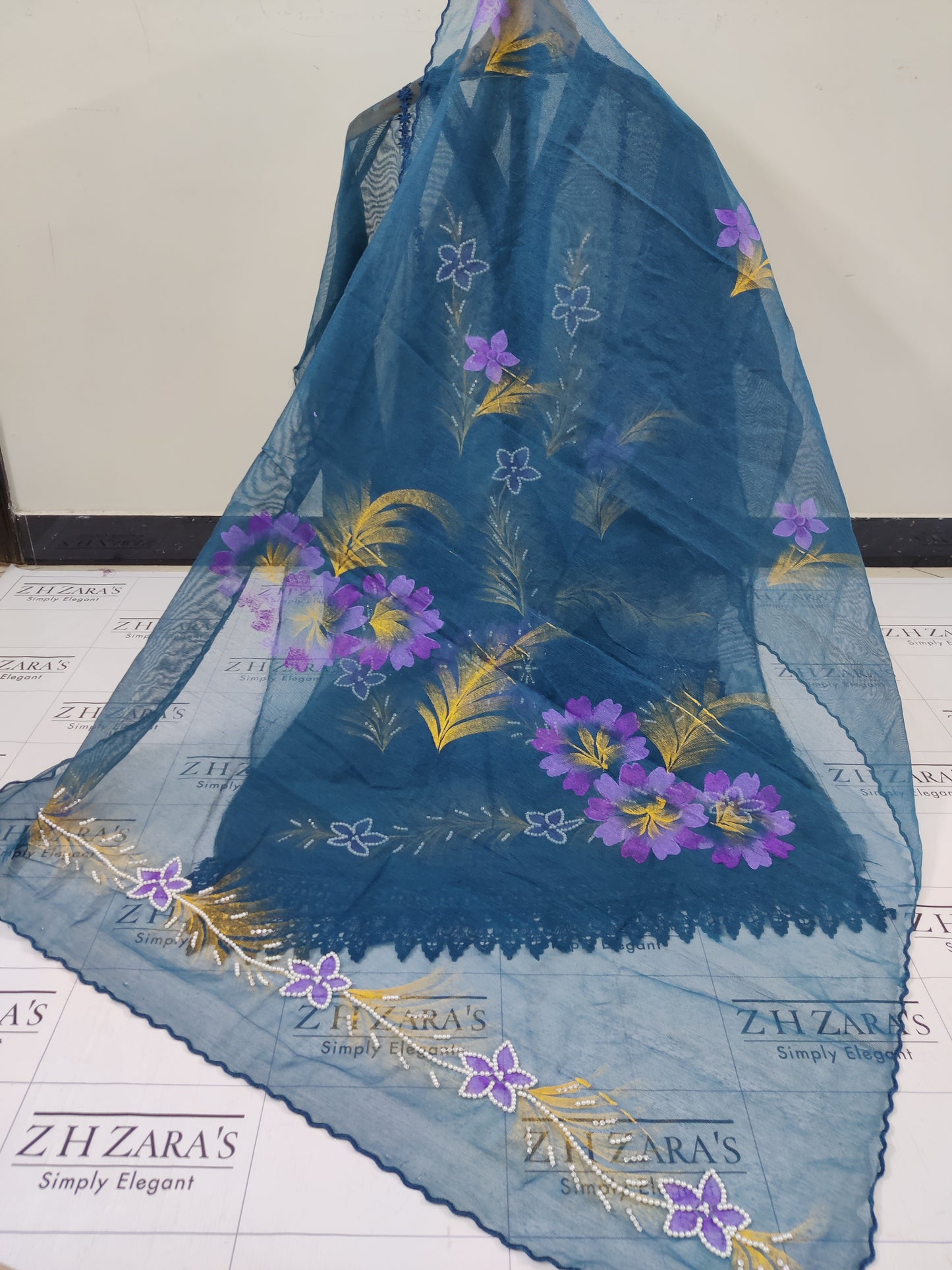 Peacock Blue Hand Embellished Hand Painted Cutwork 2pc