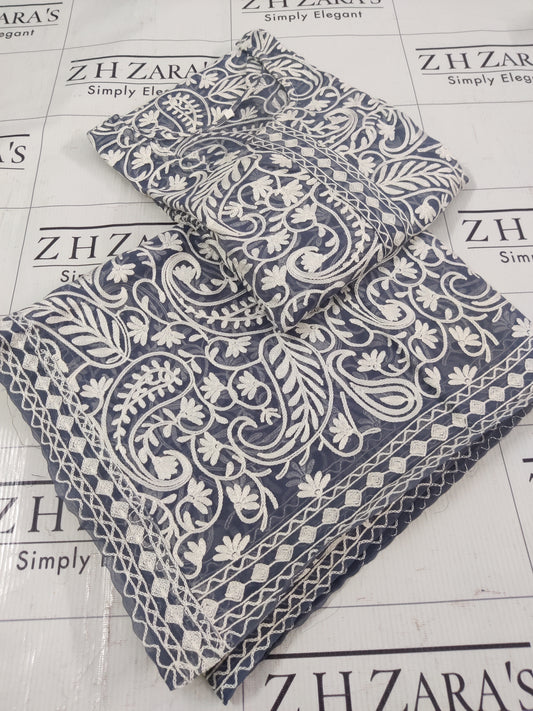 Grey White Jaal Stitched 2pc