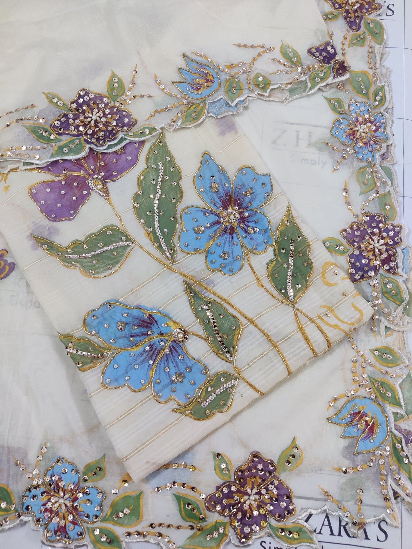Ivory Hand Embellished Hand Painted Cutwork 2pc