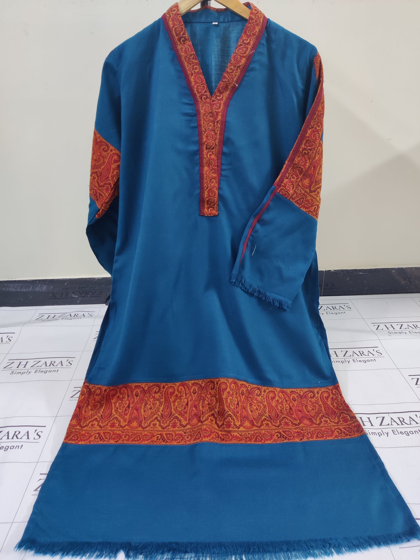 Peacock Blue Kani Shirt Stitched