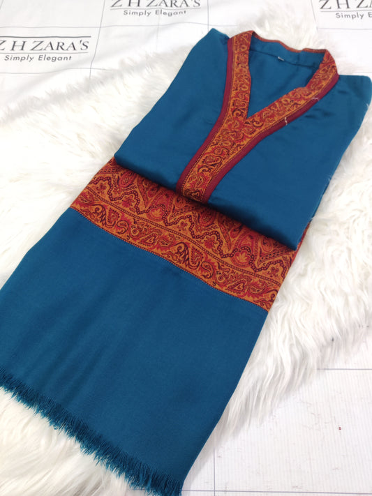 Peacock Blue Kani Shirt Stitched