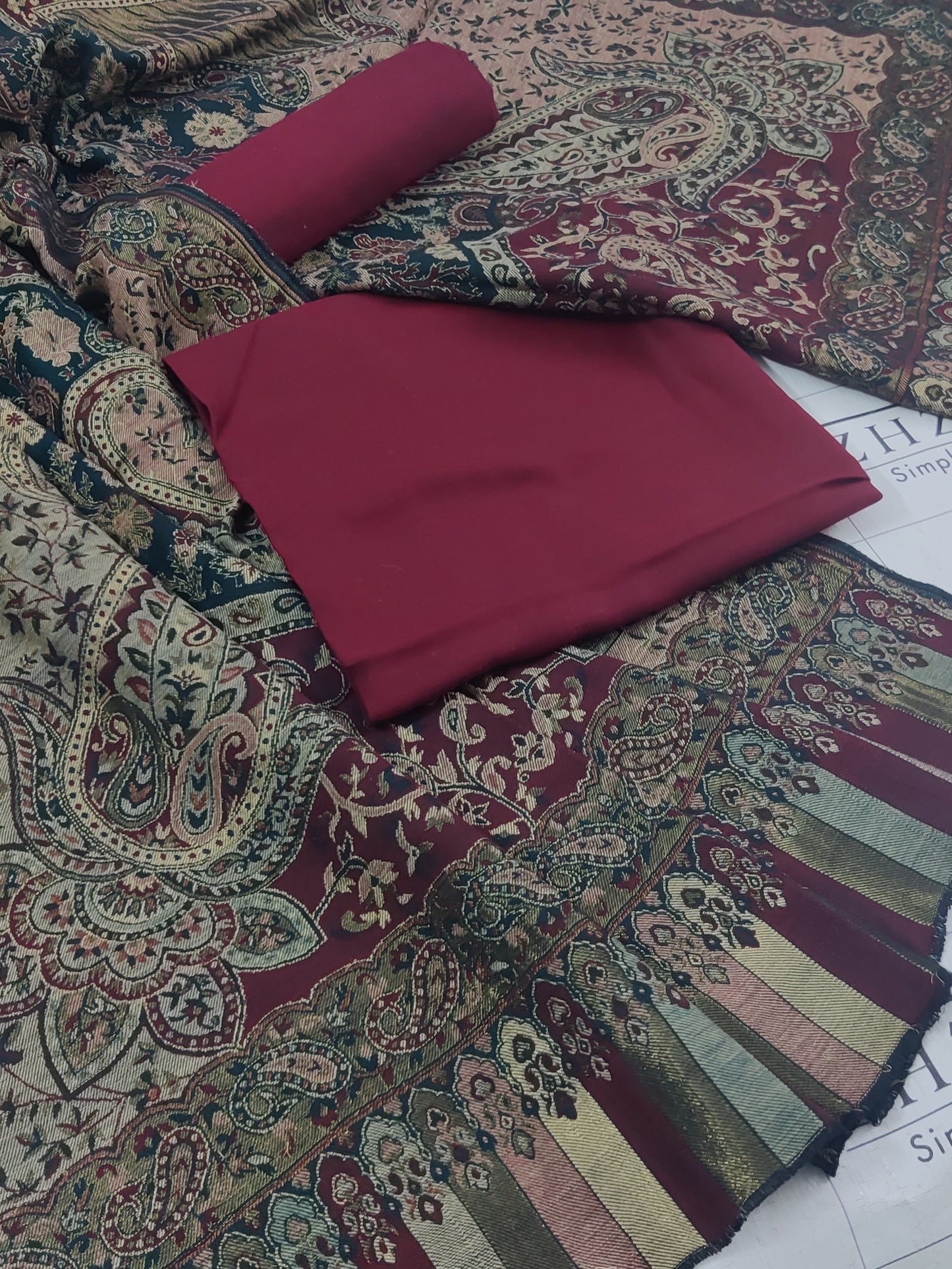 Kairi Maroon Kani Pashmina 3pc
