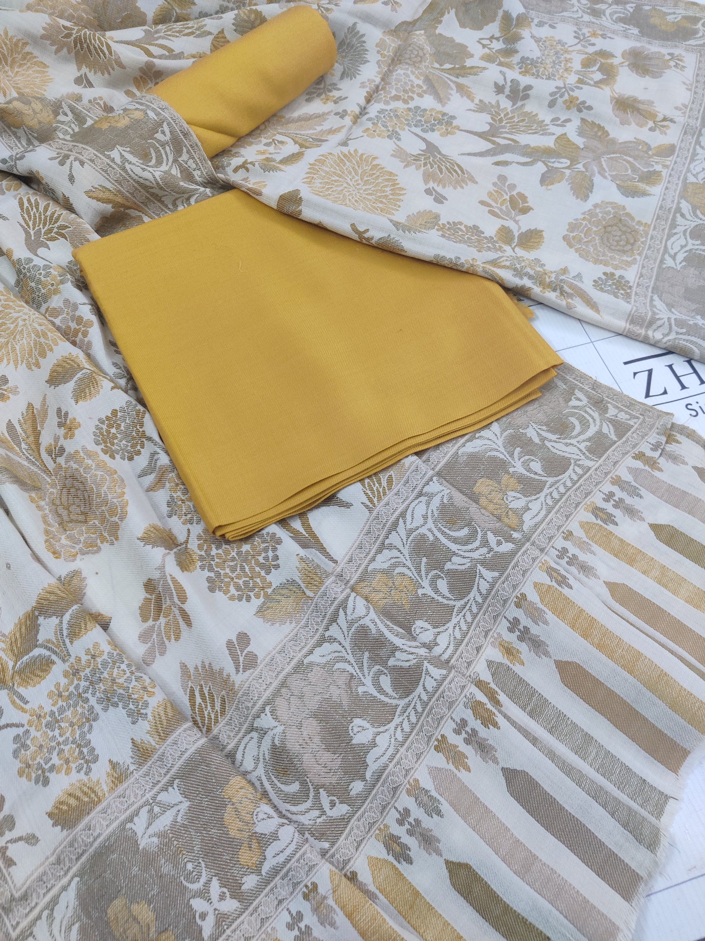 Mustard Beige Floral Kani Pashmina 3pc
