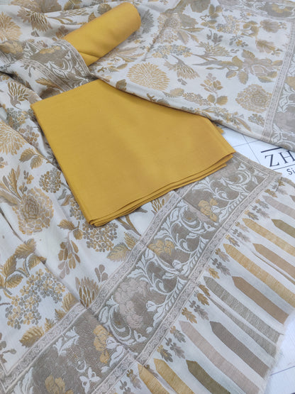 Mustard Beige Floral Kani Pashmina 3pc
