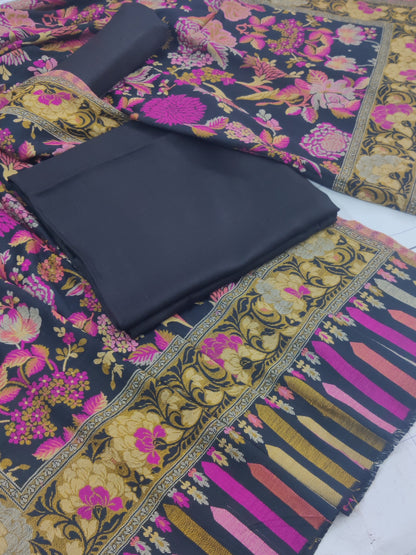 Black Magenta Floral Kani Pashmina 3pc