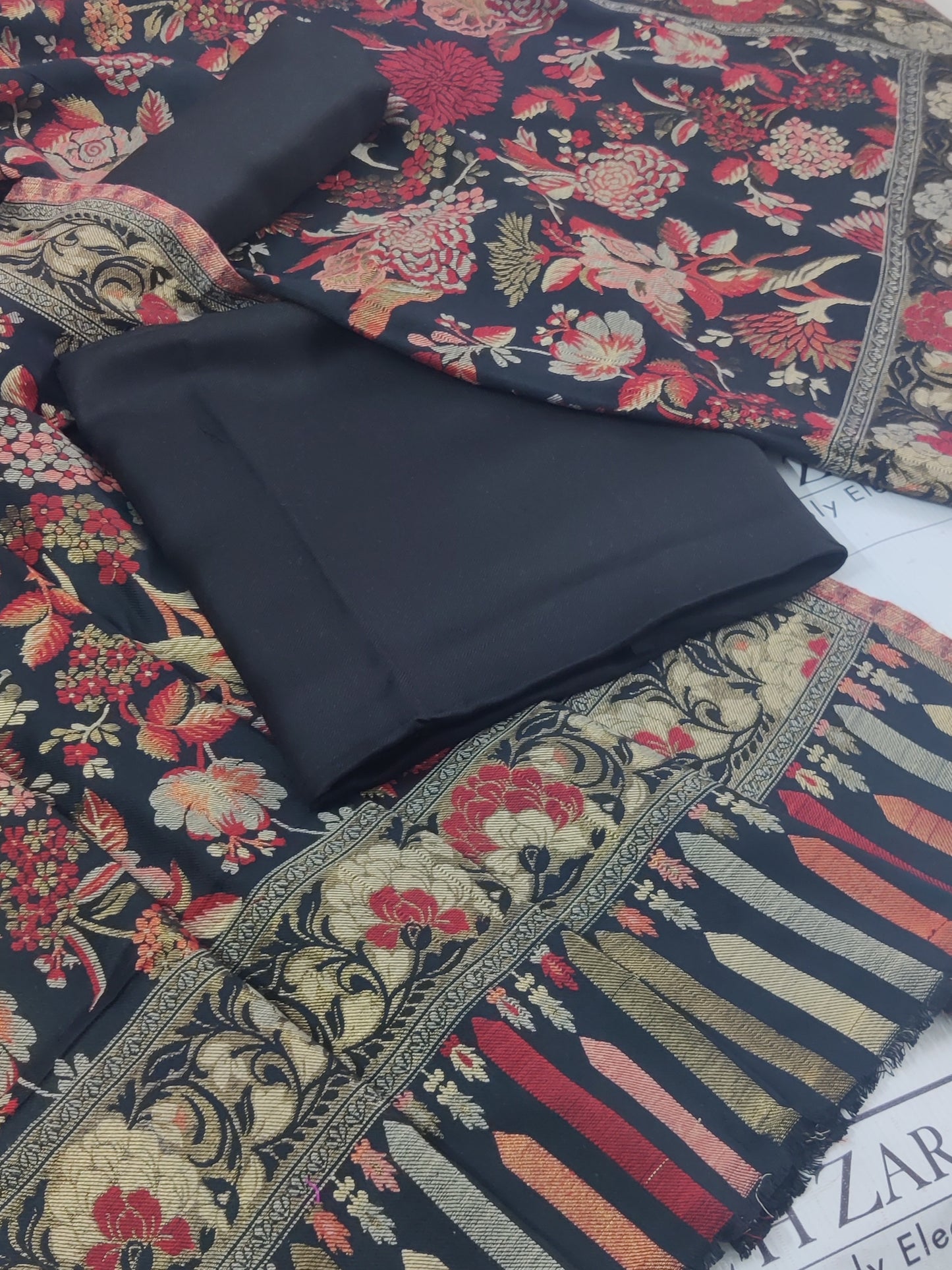 Black Red Floral Kani Pashmina 3pc