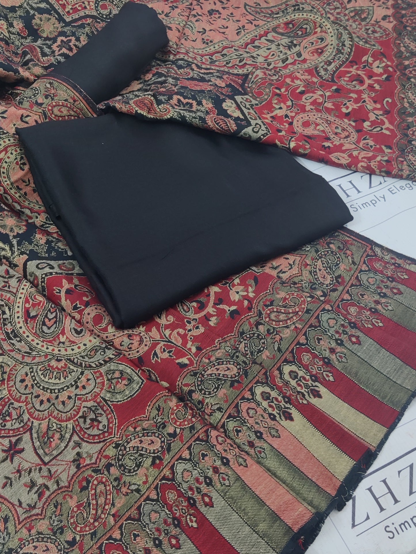 Kairi Black Red Kani Pashmina 3pc