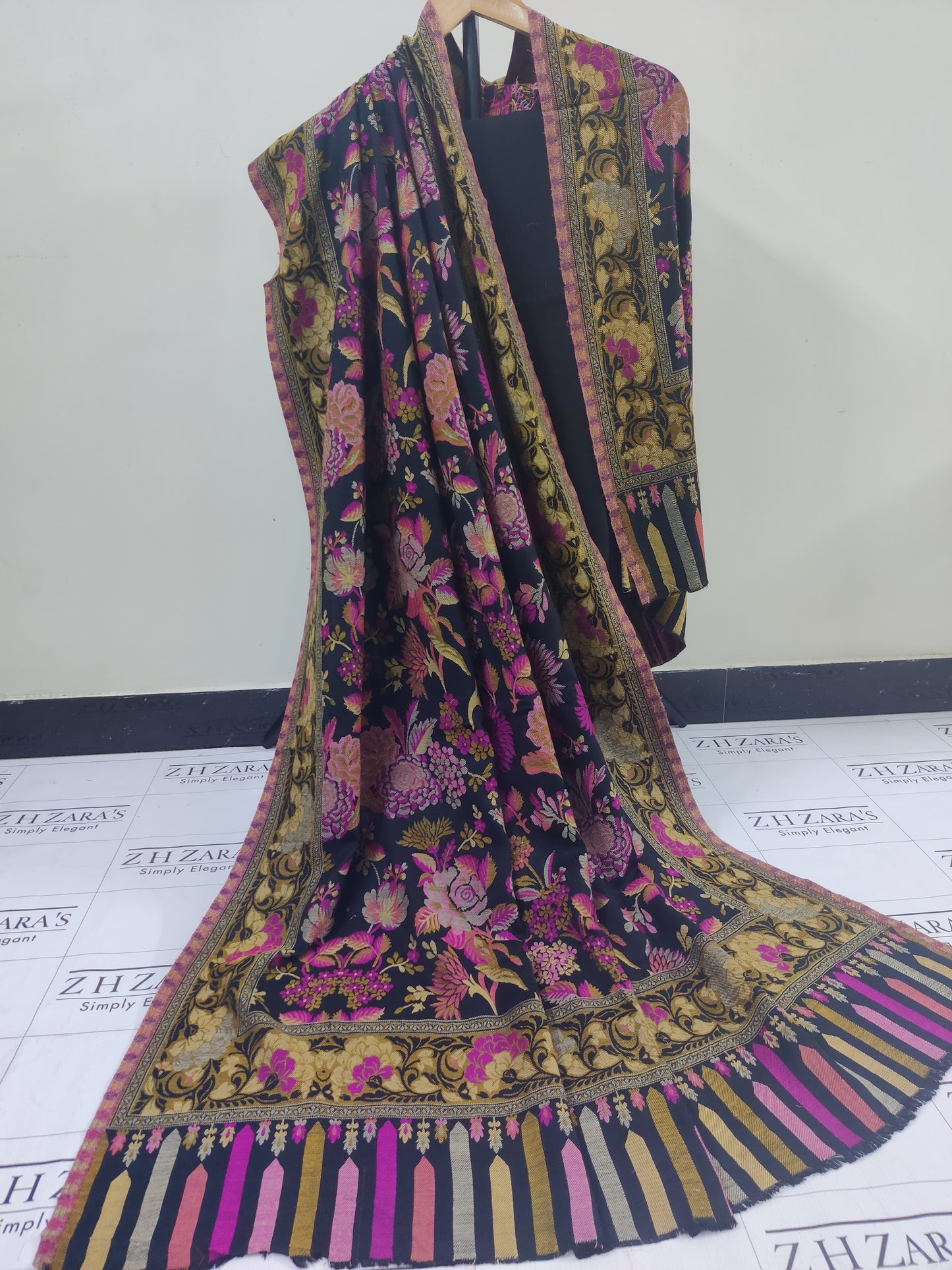Black Magenta Floral Kani Pashmina 3pc